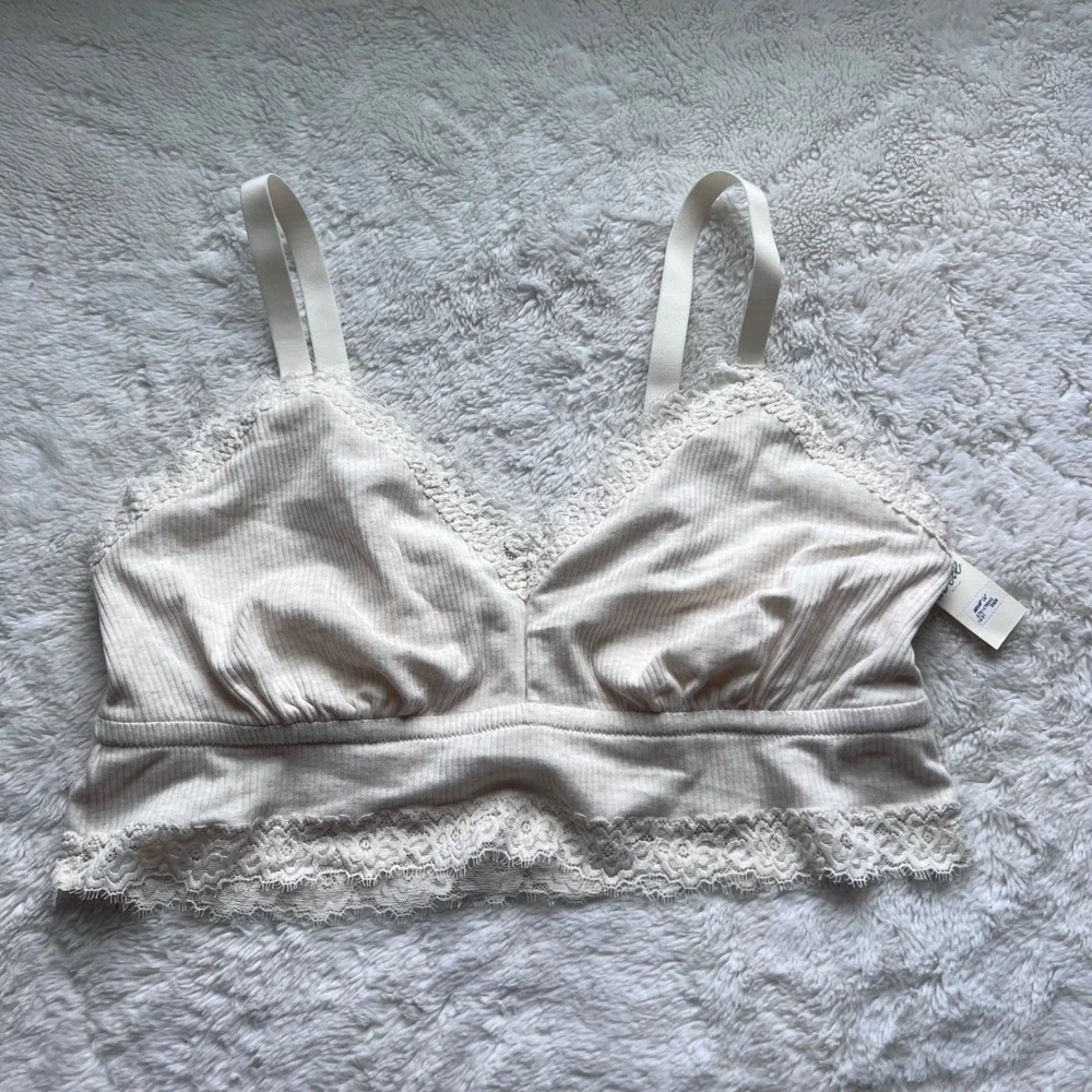 Aerie Ribbed Lace Trim Bralette Cream Wireless Longline XL 069-2694-3329 NWOT